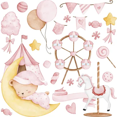 Immagine prodotto di Set di adesivi murali per bambini ORSETTO sulla luna Palloncini Caramelle 120x60 Set di adesivi murali per neonati
