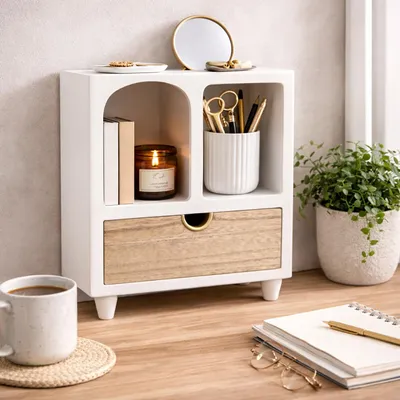 Produktbild von Minikommode mit Schublade MDF Aufbewahrungsschrank mit offenen Fächern