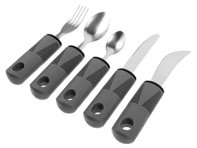 Image de Ensemble de couverts antidérapants pour seniors et personnes handicapées. Utensiles ergonomiques pour les personnes souffrant de tremblements. Comprend une cuillère et d'autres ustensiles. Pratique, facile à transporter et à nettoyer