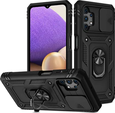 Immagine prodotto di Custodia per Samsung Galaxy A32 5G protezione fotocamera scorrevole, resistente agli urti, con supporto ad anello, supporto e porta carte di credito Nero
