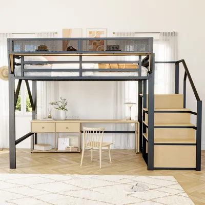 Produktbild von Hochbett 140x200 mit Sicherheitsleiter und flexiblem Staufach, Metallbett Erwachsenenbett Kinder-Etagenbett Schwarz