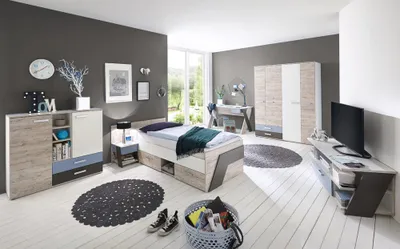 Produktbild von Jugendzimmer Set mit Schreibtisch 6-teilig LEEDS-10 in Sandeiche Nb. mit weiß, Lava und Denim Blau