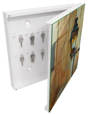 Produktbild von Weißer Schlüsselschrank aus Metall 30 x 30 cm - Schlüsselbox zur Wandmontage mit Tür - rechts öffnender Schlüsselkasten - praktische Schlüsselaufbewahrung für Zuhause - Retro-Lampe, KI-generiertes Bild