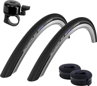 Produktbild von 2 x Schwalbe Lugano 28" Rennradreifen K-Guard Fahrrad Mantel Decke in schwarz 700 x 33C (32-622) + 2 Schwalbe AV17 Schläuche inkl. Fahrradklingel