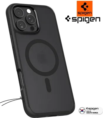 A black Spigen phone case with a magnetic ring is shown against a white background.