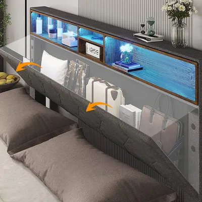 Produktbild von Merax Polsterbett 140x200 cm Doppelbett mit LED-Beleuchtung, Stauraumfächer und Lattenrost, Stauraumbett Funktionsbett aus Leinen, Grau