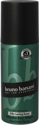 A product shot of a Bruno Banani deodorant spray can.
