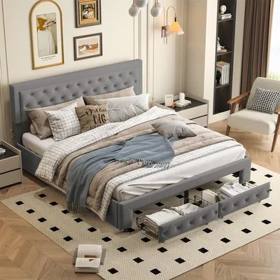 Produktbild von 160 x 200 cm großes Stauraumbett mit 2 Schubladen, gepolstertes Bett mit Lattenrost, Samtbezug und Knopfdekoration, grau
