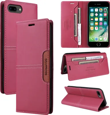 Produktbild von Handyhülle für iPhone 8 Plus/7 Plus/6s Plus/6 Plus Hülle, Leder Flip Wallet Kartenfach Stand Schutzhülle Rot