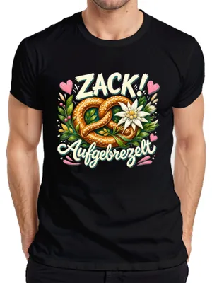 Produktbild von Zack Aufgebrezelt Brezel Edelweiss Lederhose Dirndl Herren T-Shirt, Schwarz, XL