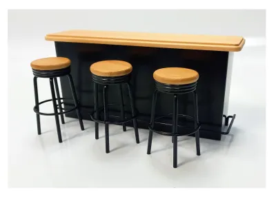 Produktbild von Bartheke aus Metall mit 3 Hocker, schwarz lackiert. Für 1:12 Puppenstuben.