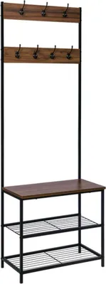 Productafbeelding van Happyment Vrijstaande garderobekast Deri – Met schoenenrek – Industrieel design – XL kledingrek – Garderobehaakjes – Hout en metaal – 7 haken – 3 planken