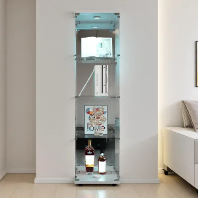 Produktbild von INONEFT Glasvitrine mit LED Beleuchtung, Vitrinenschrank Eintürig 4 Etagen, Hartglas, Spiegelnde Rückwand, für Wohnzimmer, 42×36×164 cm, Weiß