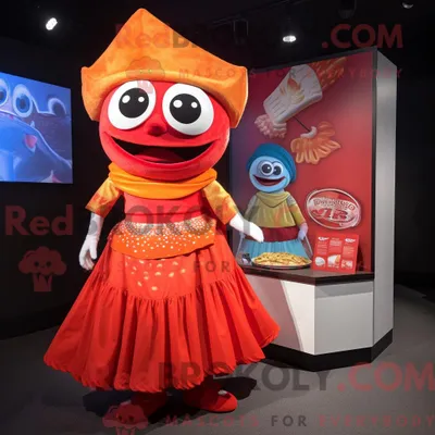 Imagen del producto de Personaje REDBROKOLY mascota de Red Fish Tacos vestido con una minifalda y bolsos de mano