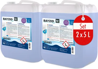 Two large plastic containers of liquid, likely a pool chemical, are shown side-by-side against a white background. A red circular tag with white text is attached to the right container.