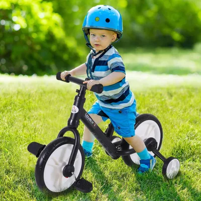 Produktbild von Kinderfahrrad Laufrad mit Stützrädern, Pedalen, Sitzhöhenverstellbar, für 2-5 Jahre, PP, Schwarz