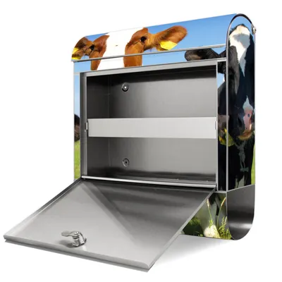 A stainless steel mailbox with a newspaper compartment, decorated with a cow print design, is shown with its door open.