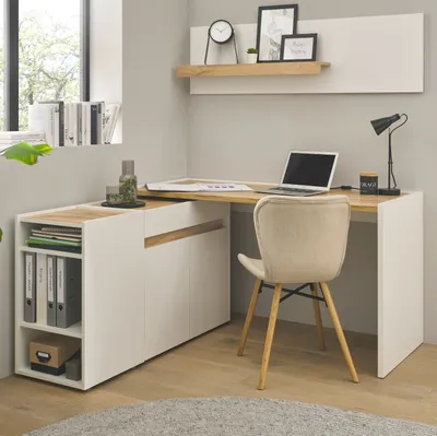 Produktbild von Büromöbel Set Center in weiß und Wotan Eiche mit Schreibtisch, Kommode, Regal
