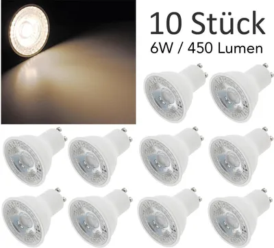 A collage showing a single LED spotlight bulb emitting light on a dark background and a group of ten identical LED spotlight bulbs on a white background.