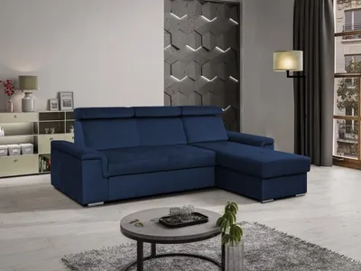 Produktbild von Ecksofa L-Form Monaco Schlaffunktion Bettkasten Lieferung bis in die Wohnung 245 cm universelle Ottomane Sofa mit Relaxfunktion und Kopfstützen    ( Kronos 09 - dunkelblau )