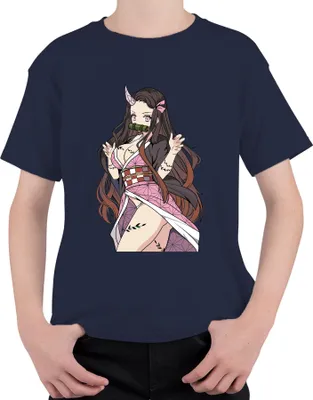 Zdjęcie produktu dla Koszulka dziecięca uni  z motywem Nezuko – demoniczna postać z anime „Demon Slayer”, bambusowy klamer, prezent dla fanów anime i mangi, urocza, kolor granatowy, rozmiar 152