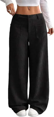 Produktbild von ASKSA Damen Cordhose High Waist Weites Bein Hosen Freizeithose Elegante Bequeme Locker Hose mit Taschen (Schwarz,S)