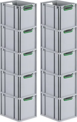 Produktbild von SparSet 10x Eurobox NextGen Color | HxBxT 32x30x40cm | 30 Liter | Griffe grün offen | Glatter Boden | Grau | Eurobehälter, Transportbox, Transportbehälter, Stapelbehälter