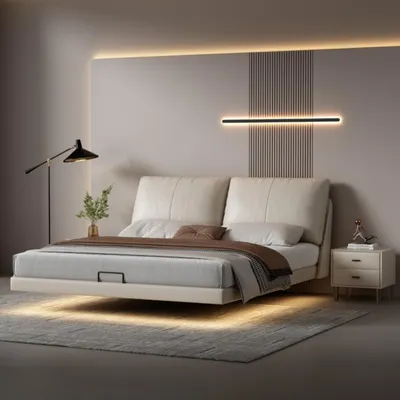 Produktbild von Weißes Schlafzimmer Wandbett Designer Leder Doppelbetten Holzgestell
