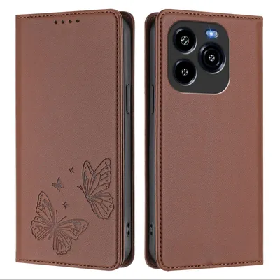 Produktbild von Lederhülle für Oukitel C65 / C65 Pro, Schmetterling Prägung Leder Brieftasche Schutzhülle mit Ständer Braun