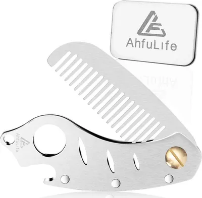 Obrázek produktu pro AhfuLife Skládací kovový hřeben a hřeben na vousy - Multifunkční kapesní hřeben - Antistatický hřeben - Nerezová ocel v dárkovém balení