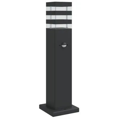A black bollard light with a motion sensor, set against a white background.