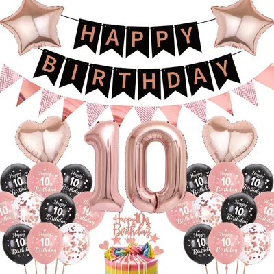Productafbeelding van Ballonset voor een 10e verjaardag, roze goud, voor meisjes, met "Happy Birthday" banner en folieballon met het cijfer 10