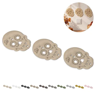 Produktbild von Halloween Deko zum Aufhängen, Totenkopf mit Rose, 3 Stück, Länge 14,9 cm, PLA – Beige
