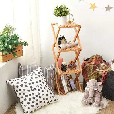 Immagine prodotto di Scaffale pieghevole in legno, 4 ripiani, organizer in legno, scaffale da terra per spazi ridotti, compatto, minimalista, struttura in legno