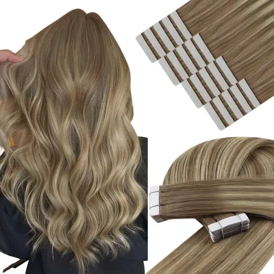 Zdjęcie produktu dla Pasemka do włosów z naturalnych włosów, klejone, ombre, brązowo-jasnobrązowe-blond, 55 cm, 50 g, Remy, gładkie