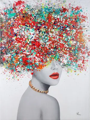 A portrait of a woman with a colorful, abstract explosion of paint for hair, wearing a gold chain necklace.