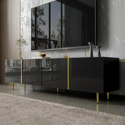 Produktbild von TV-Lowboard - TV-Schrank - Skandinavischer Stil - 4 Türen - Hochglanz - Metall - Zum Selbstaufbau - Wohnzimmer - Schwarz