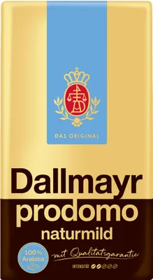 A product shot of Dallmayr prodomo Naturmild coffee packaging.