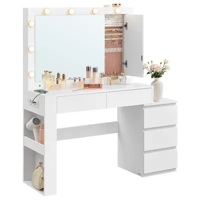 Produktbild von VASAGLE Schminktisch mit LED-Beleuchtung, Frisiertisch mit Spiegel, Schmuckschrank, Steckdosenleiste, 40 x 125 x 140 cm, Kosmetiktisch mit Schubladen