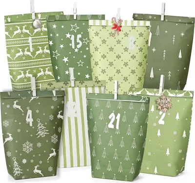 Image de Calendrier de l'Avent Sacs en papier vert à remplir soi-même, Calendrier de Noël DIY, 24 Sacs cadeaux imprimés