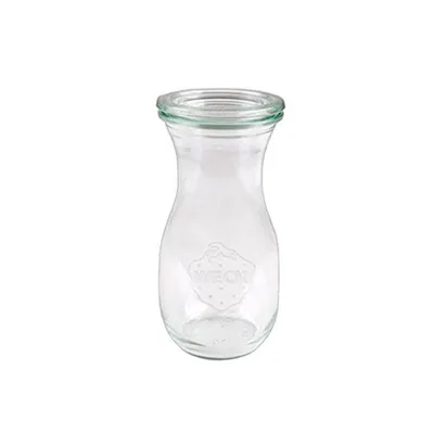 A clear glass jar with a WECK logo embossed on it, isolated on a white background.