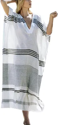 Produktbild von Damen-Strandkleid mit Blumenmuster, V-Ausschnitt und Fledermausärmeln, beige, Einheitsgröße