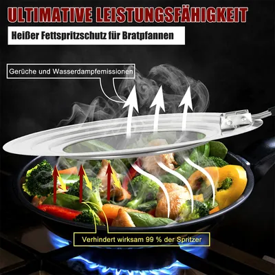 A splatter screen is shown over a frying pan filled with vegetables cooking on a stove.