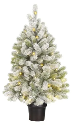 Produktbild von Black Box Trees Nagoya Künstlicher Weihnachtsbaum mit Beleuchtung – Kunstbaum H90 x D42 cm – Christmas Tree mit Schneeäste – im Plastiktopf – Weihnachtsdeko für Drinnen – mit Batterie und Timer