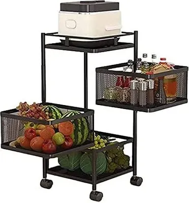 A multi-tiered black metal rolling cart filled with various fruits, vegetables, and bottles of condiments.