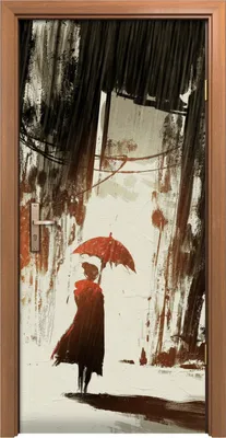 Produktbild von Türposter 90x200 cm Türaufkleber Türtapete Türfolie Klebefolie Frau Regenschirm Stadt Nacht Regen