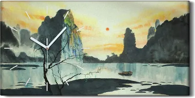 Produktbild von Dekor Leinwand Uhr Wandbilder Geräuschlos 60x30 Asien Berg Nebel Chinesisch - weiße Hände