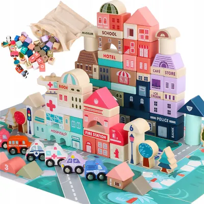 Produktbild von Holzbausteine Stadt-Set 115-teilig – Lernspielzeug mit Puzzle-Spielmatte und Fahrzeugen – Für Kinder ab 3 Jahren