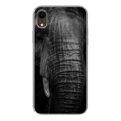 Produktbild von MuchoWow® Handyhülle Schutzhülle Hülle für iPhone XR Elefant auf schwarzem Hintergrund in schwarz und weiß Silikon Softcase Handy Hülle - Schutzdeckel