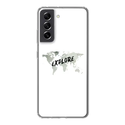 Produktbild von MuchoWow® Handyhülle Schutzhülle Hülle für Samsung Galaxy S21 FE Weltkarte - Grau - Zitat Silikon Softcase Handy Hülle - Mobiltelefonhülle